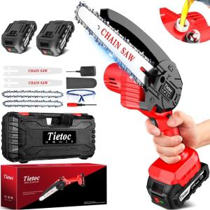 imageTietoc Mini Chainsaw 6 Inch with 2 Batteries Electric Saw Gifts for Men Dad Husband Gardener Cool Gadgets for Men 2025 Mens Gifts for Fathers Birthday Perfect Gifts Idea for Mothers Mom WomenRed  2 batteries