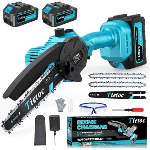 imageTietoc Mini Chainsaw Cordless 6inch Lightweight Handheld Electric Saw Battery Powered Pruning Chain Saw Kit for Household and Garden Gifts for Men Dad Husband Gardener and DIYerBlue Mini Chainsaw2x Battery  8 inches