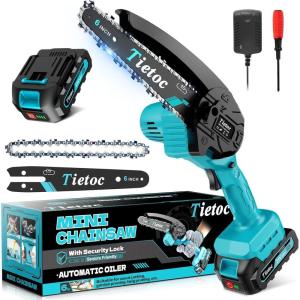 imageTietoc Mini Chainsaw Cordless 6inch Lightweight Handheld Electric Saw Battery Powered Pruning Chain Saw Kit for Household and Garden Gifts for Men Dad Husband Gardener and DIYerBlue Mini Chainsaw1x Battery  6 inches