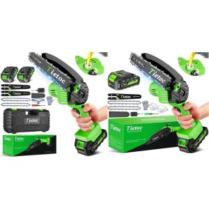imagetietoc Mini Chainsaw 6 Inches Cordless Includes chainsaw with 1 battery and 2 chains and chainsaw with 2 batteries and 2 chainsaws